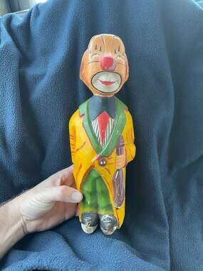 Vintage Hand Carved and Painted Wooden Folk Art Clown Figurine with Lyre